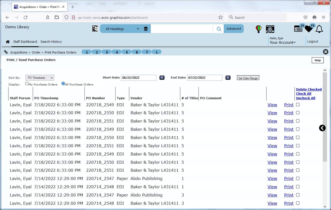 Print / Send Purchase Orders Screen