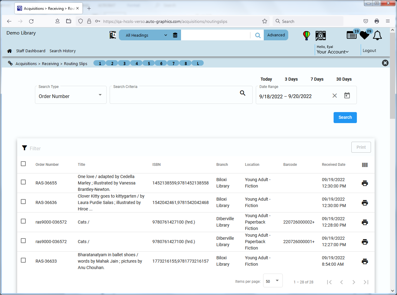 Routing Slips Search Screen