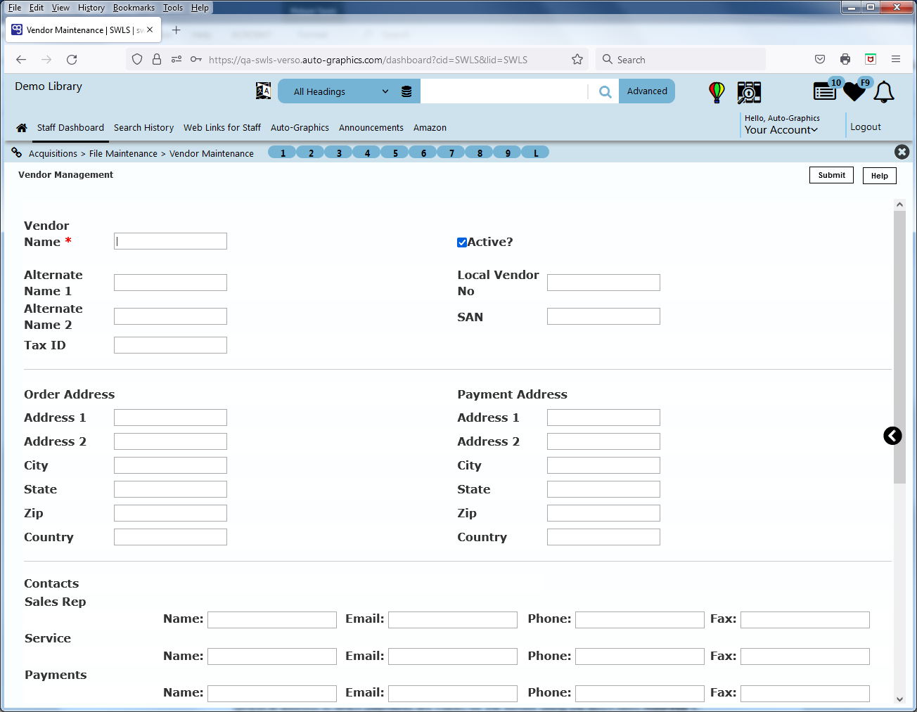 Vendor Management Screen