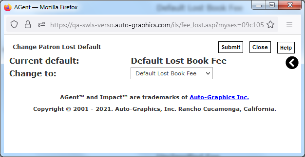 Change Patron Lost Default Fee Screen