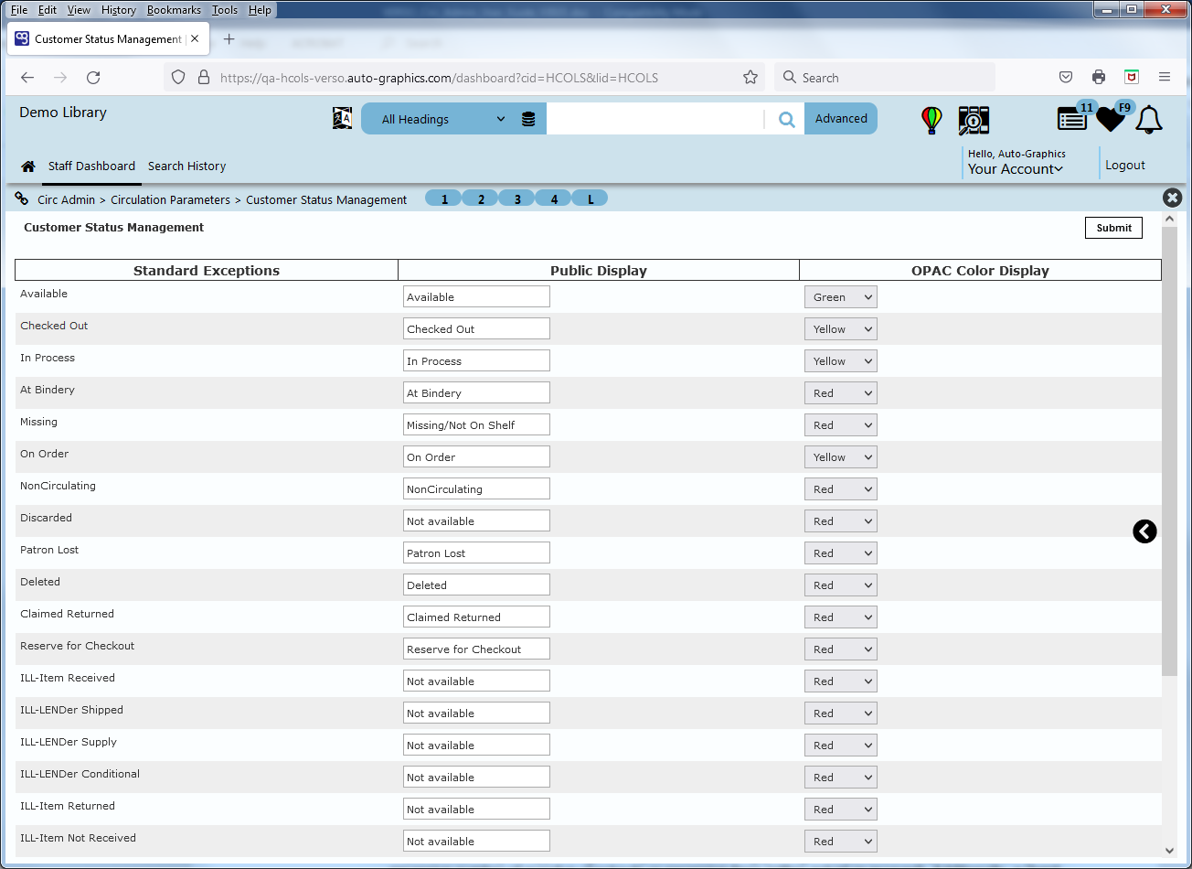 Customer Status Management Screen