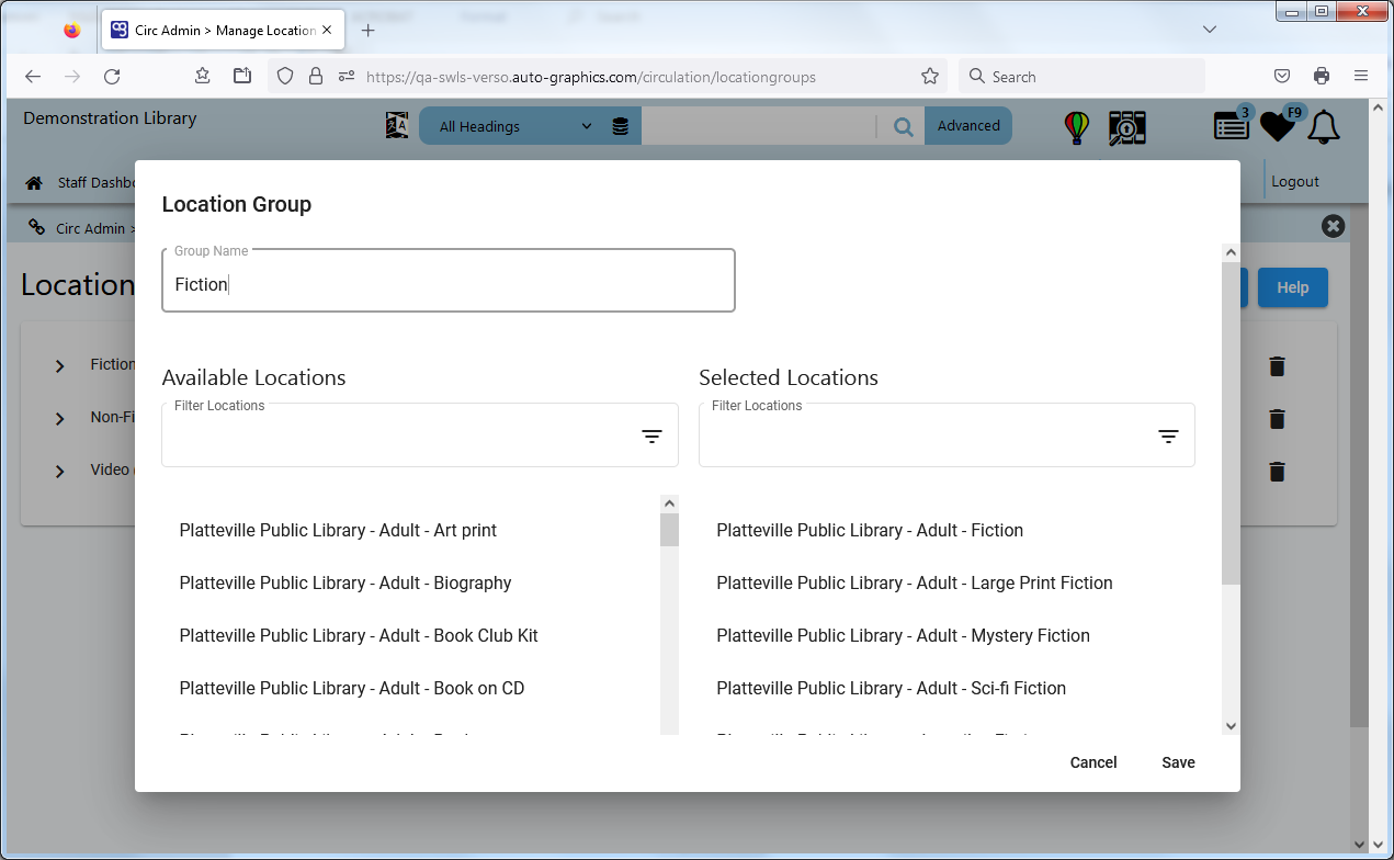 Define Location Group Screen