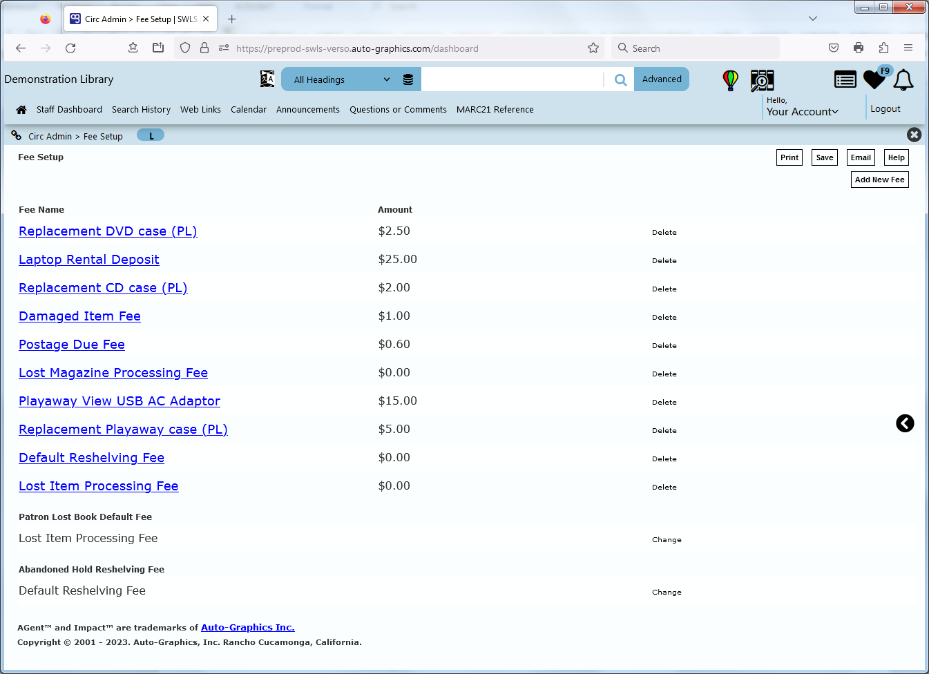 Fee Setup Screen