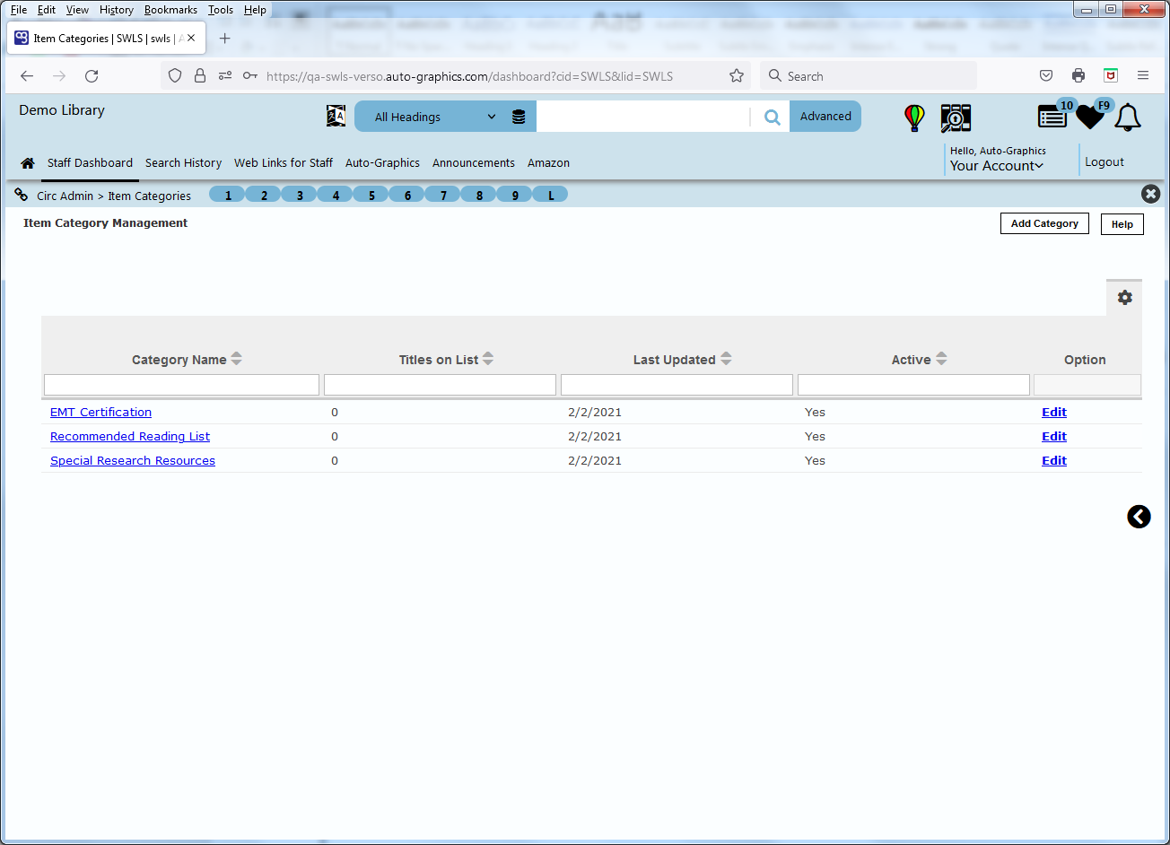 Item Category Management Screen