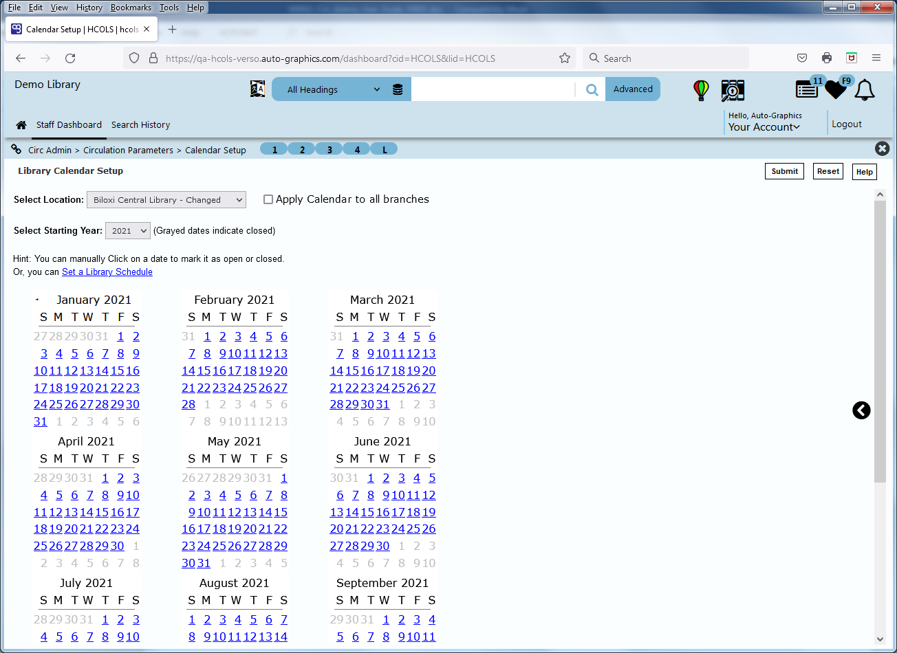 Library Calendar Setup Screen