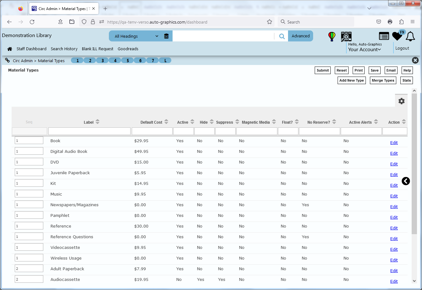 Material Types Screen