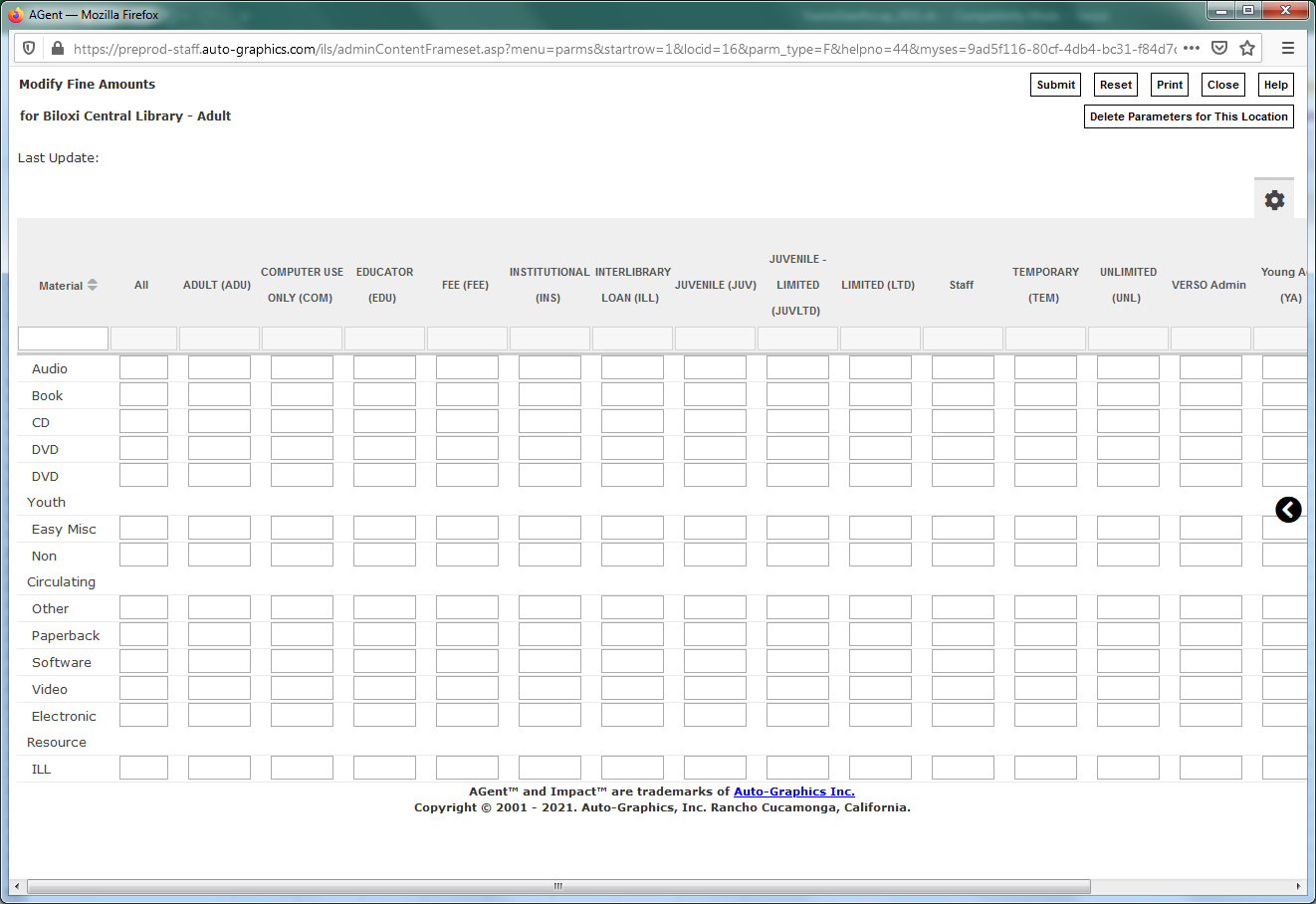 Modify Fine Amounts Screen