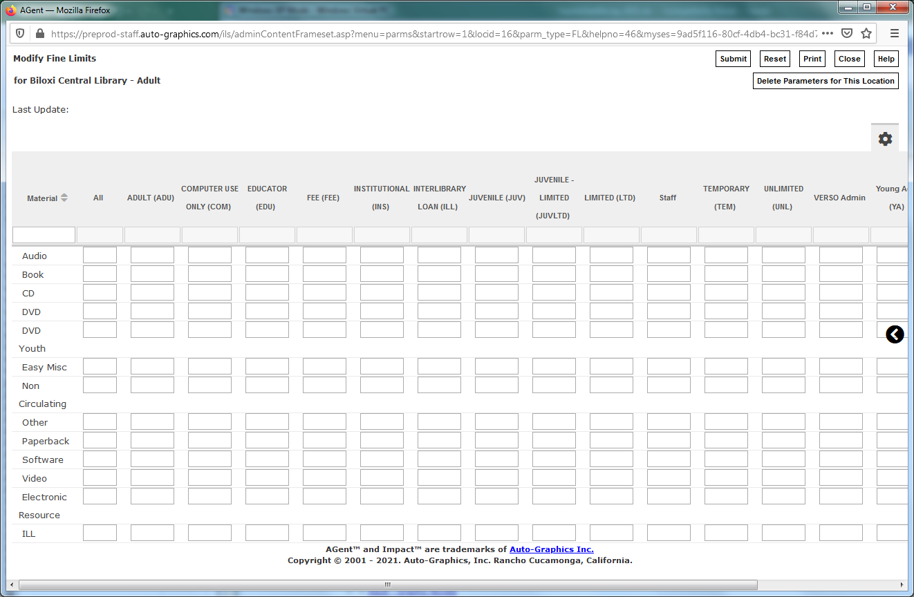 Modify Fine Limits Screen