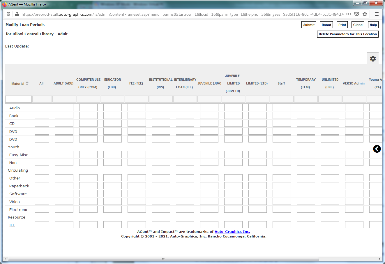 Modify Loan Periods Screen