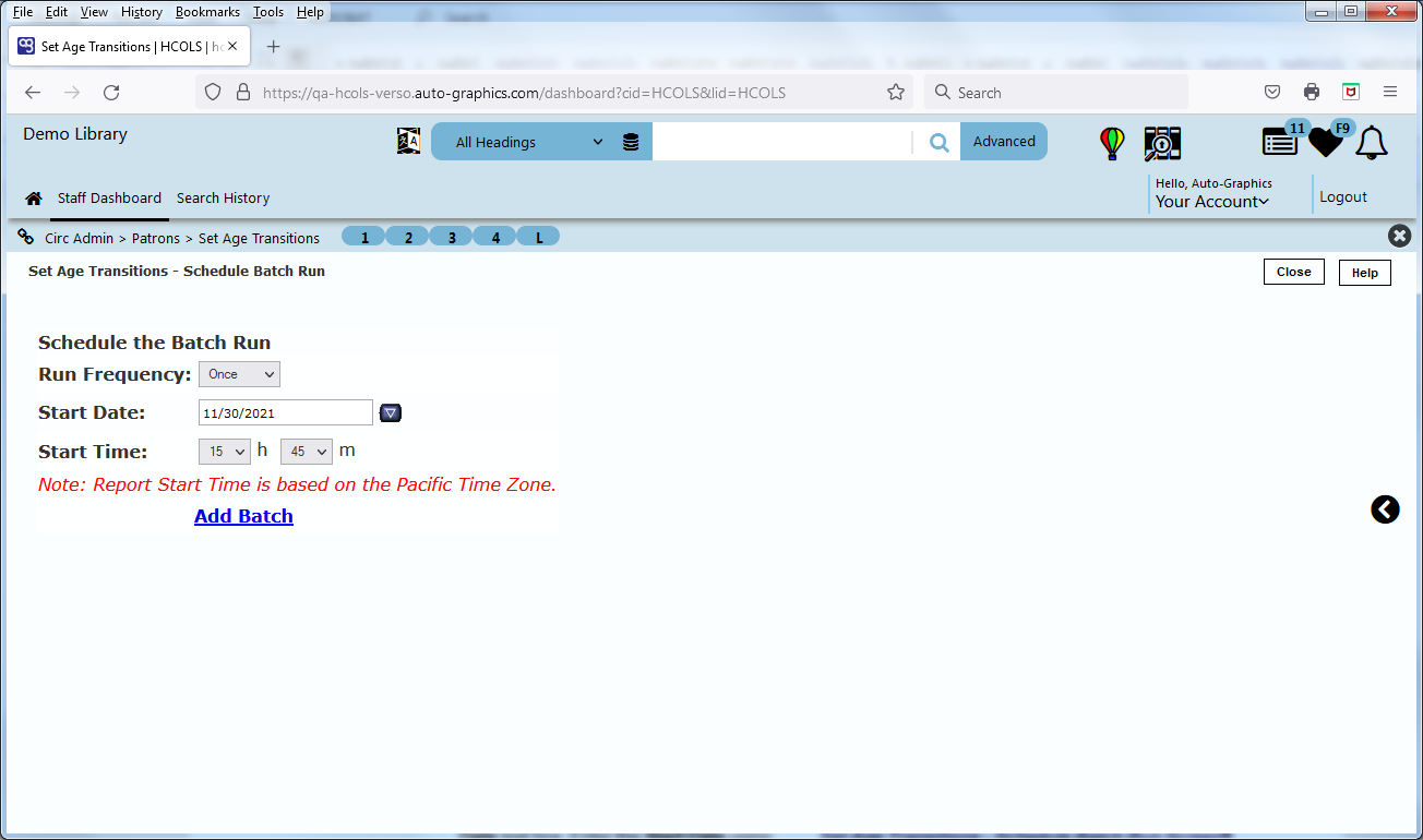 Set Age Transitions - Schedule Batch Run Screen