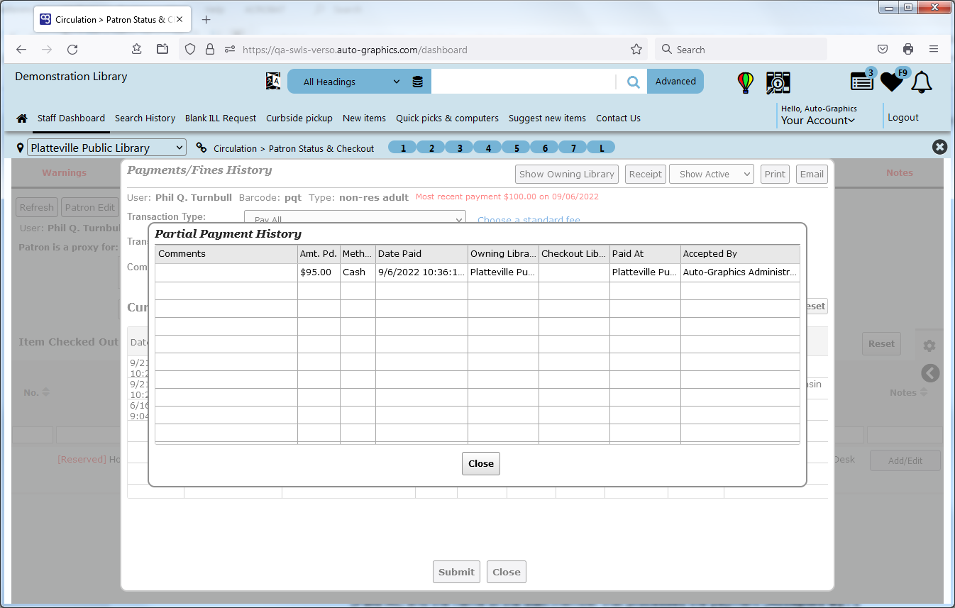 Partial Payment History Screen