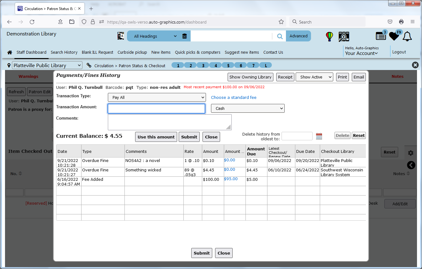 Payments/Fines History Screen