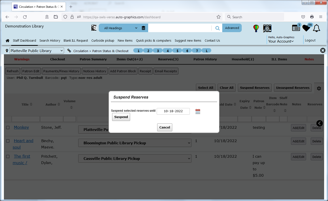 Suspend Reserves Screen