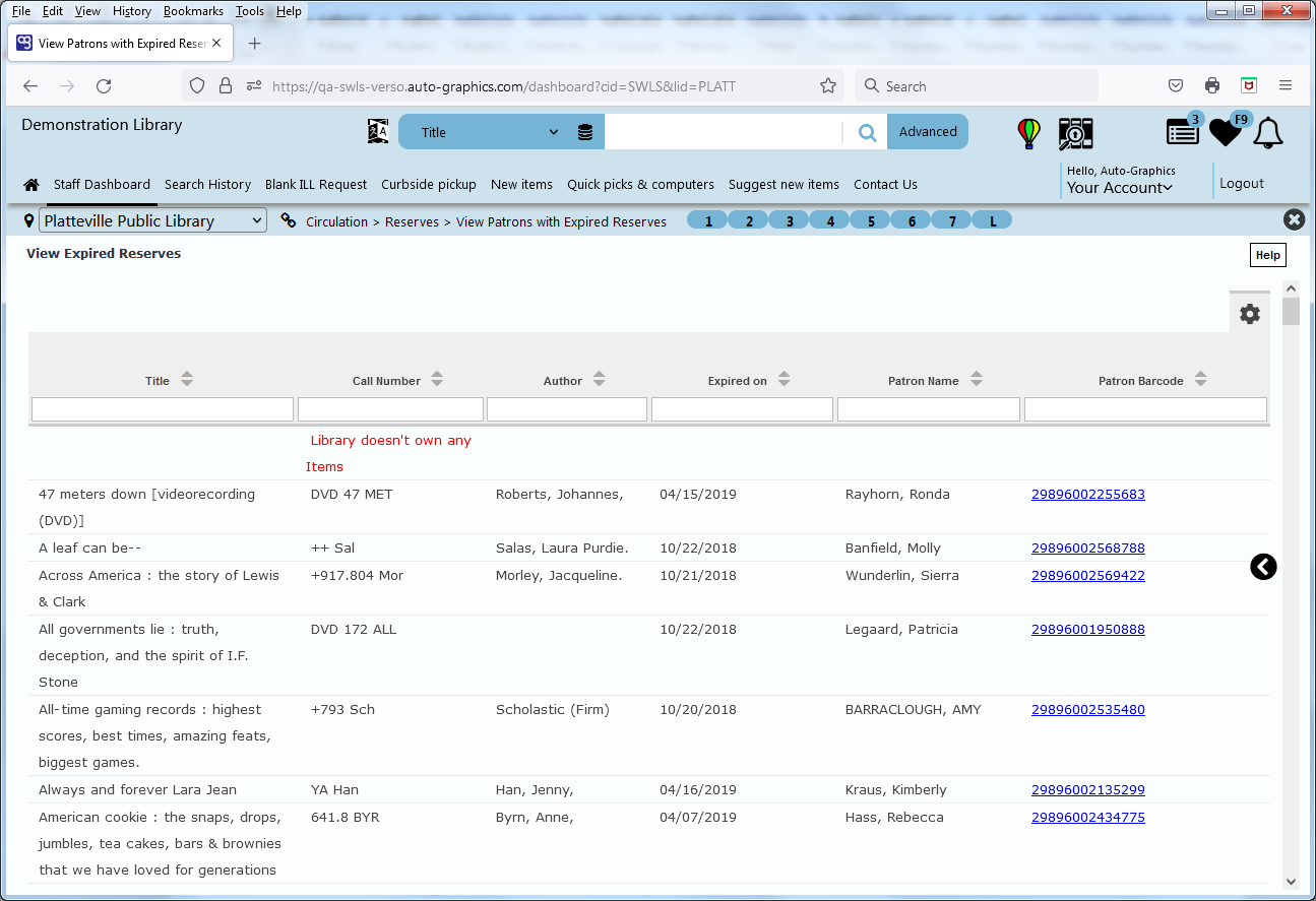 View Expired Reserves Screen