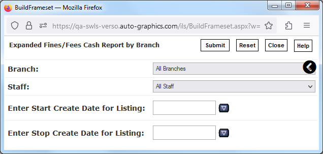 Expanded Fines/Fees Cash Report by Branch Screen