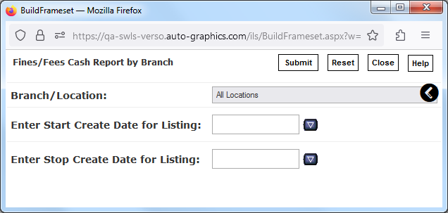 Fines/Fees Cash Report by Branch Screen