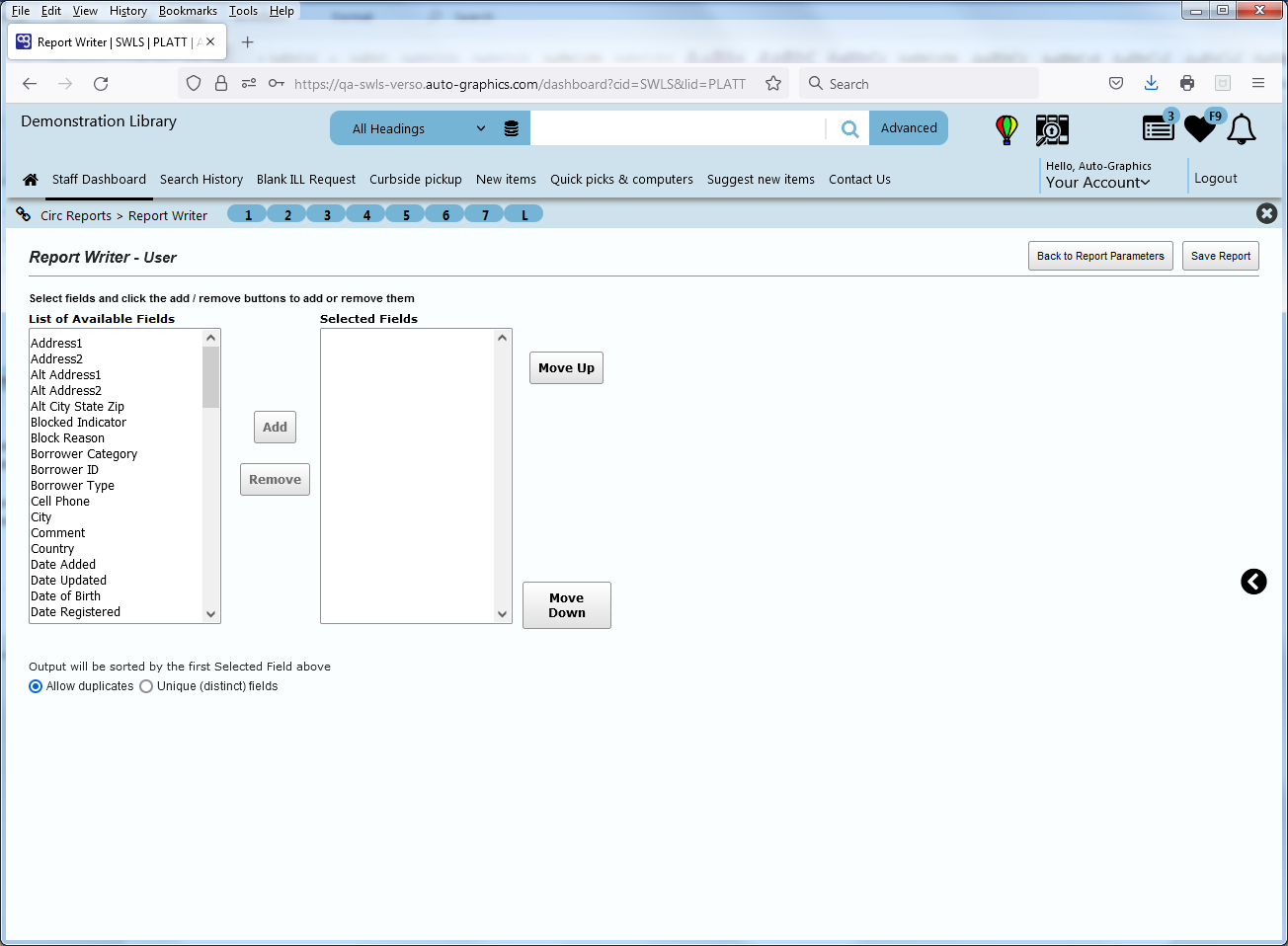 Report Writer  Select Output Fields Screen