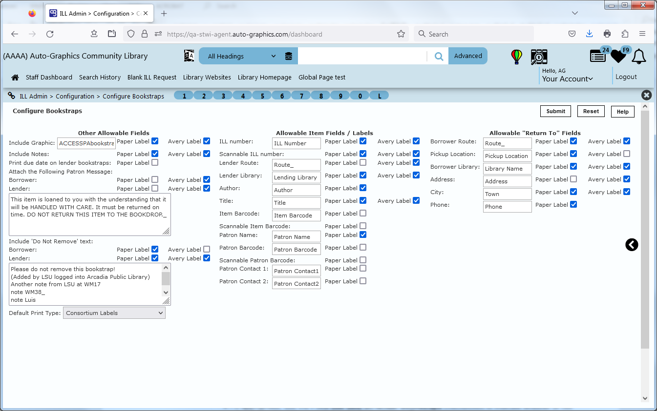 Configure Bookstraps Screen