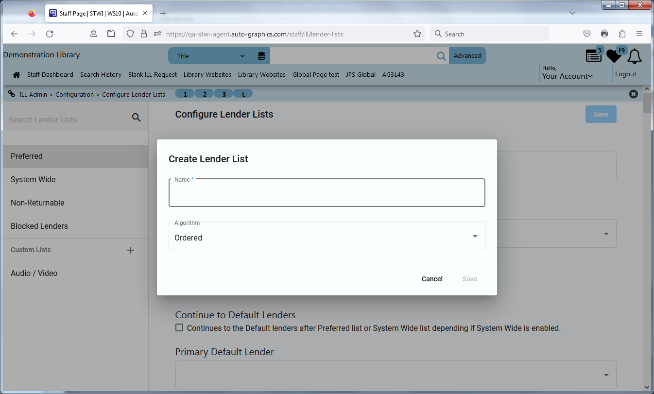 Create Lender List Dialog