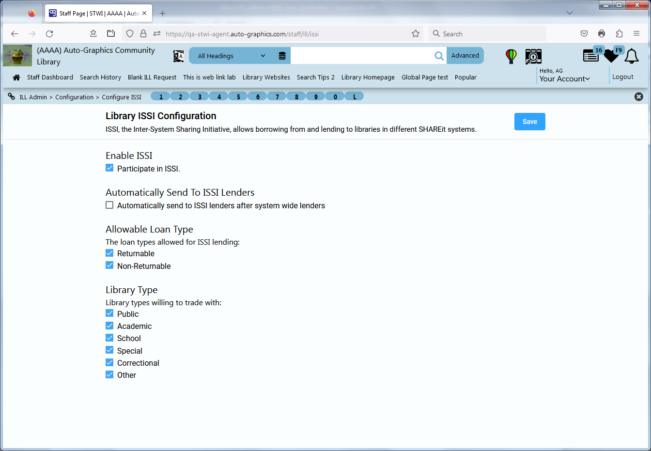 Library ISSI Configuration Screen