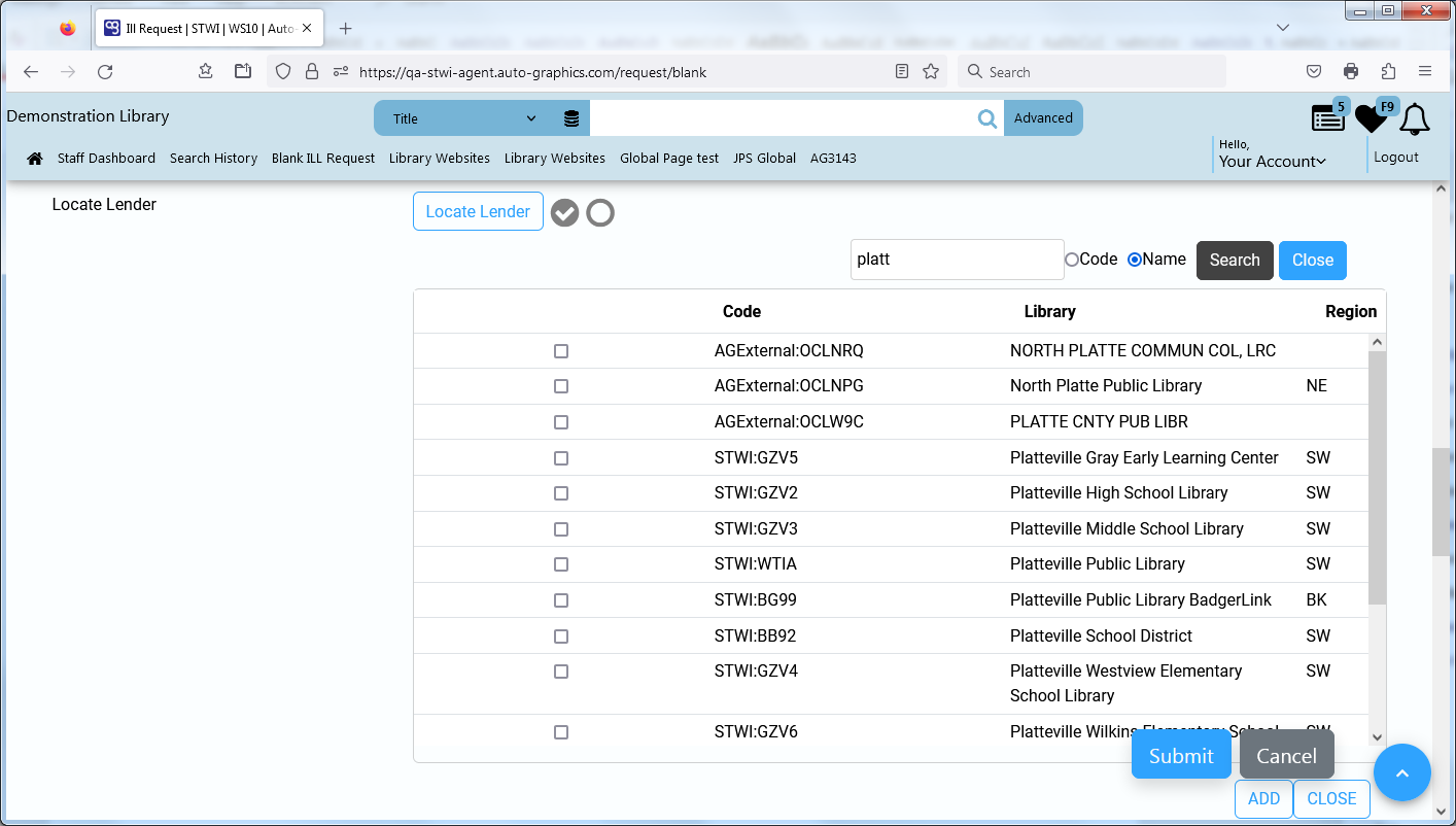 Locate Lender Search Results Screen