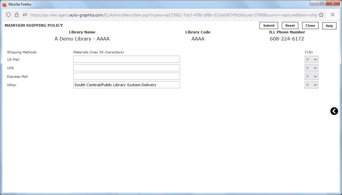 Maintain Shipping Policy Screen