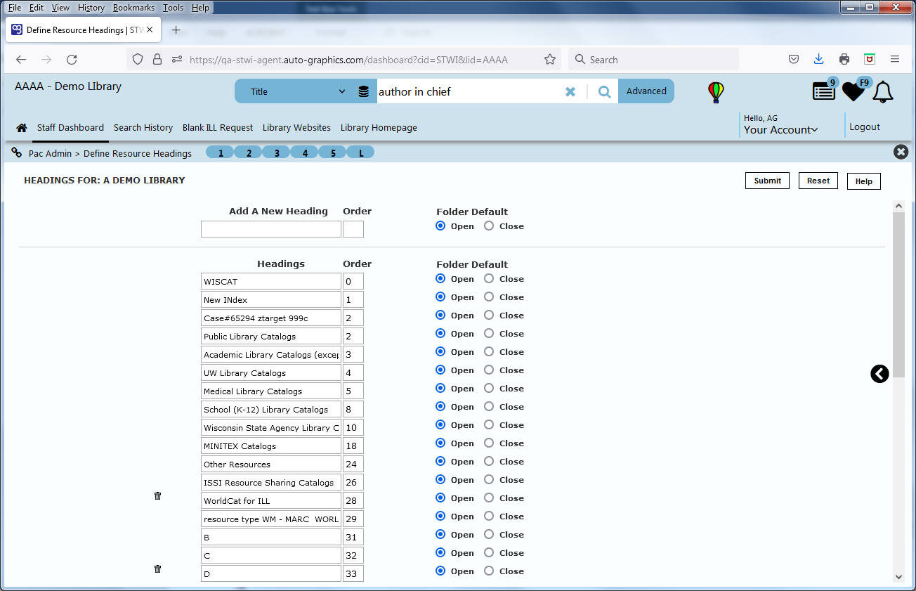 Define Resource Headings Screen