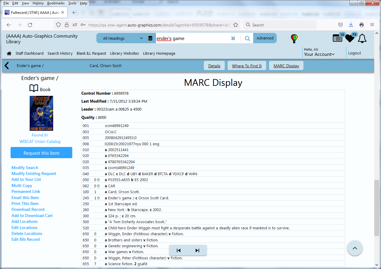 Full Record Display  MARC Format