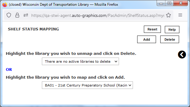 Shelf Status Mapping - Select Library Screen