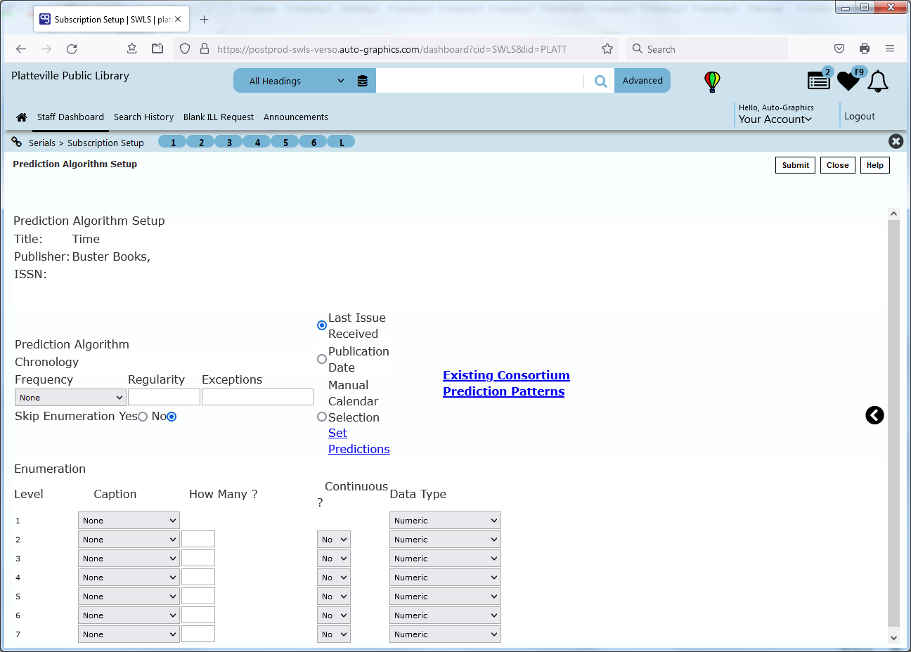 Prediction Algorithm Setup Screen