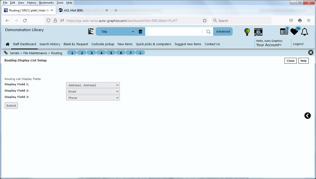 Routing Display List Setup Screen