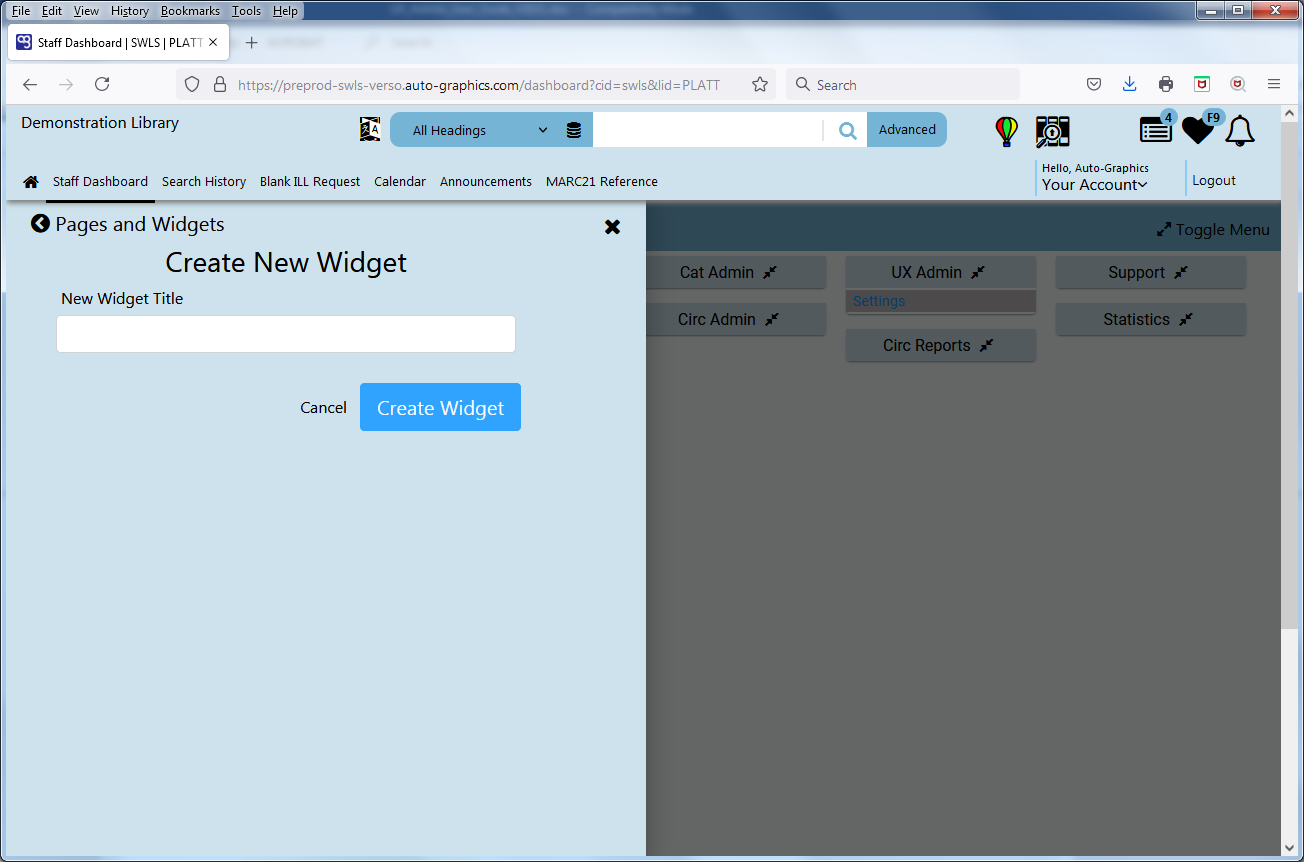 Create New Widget Panel