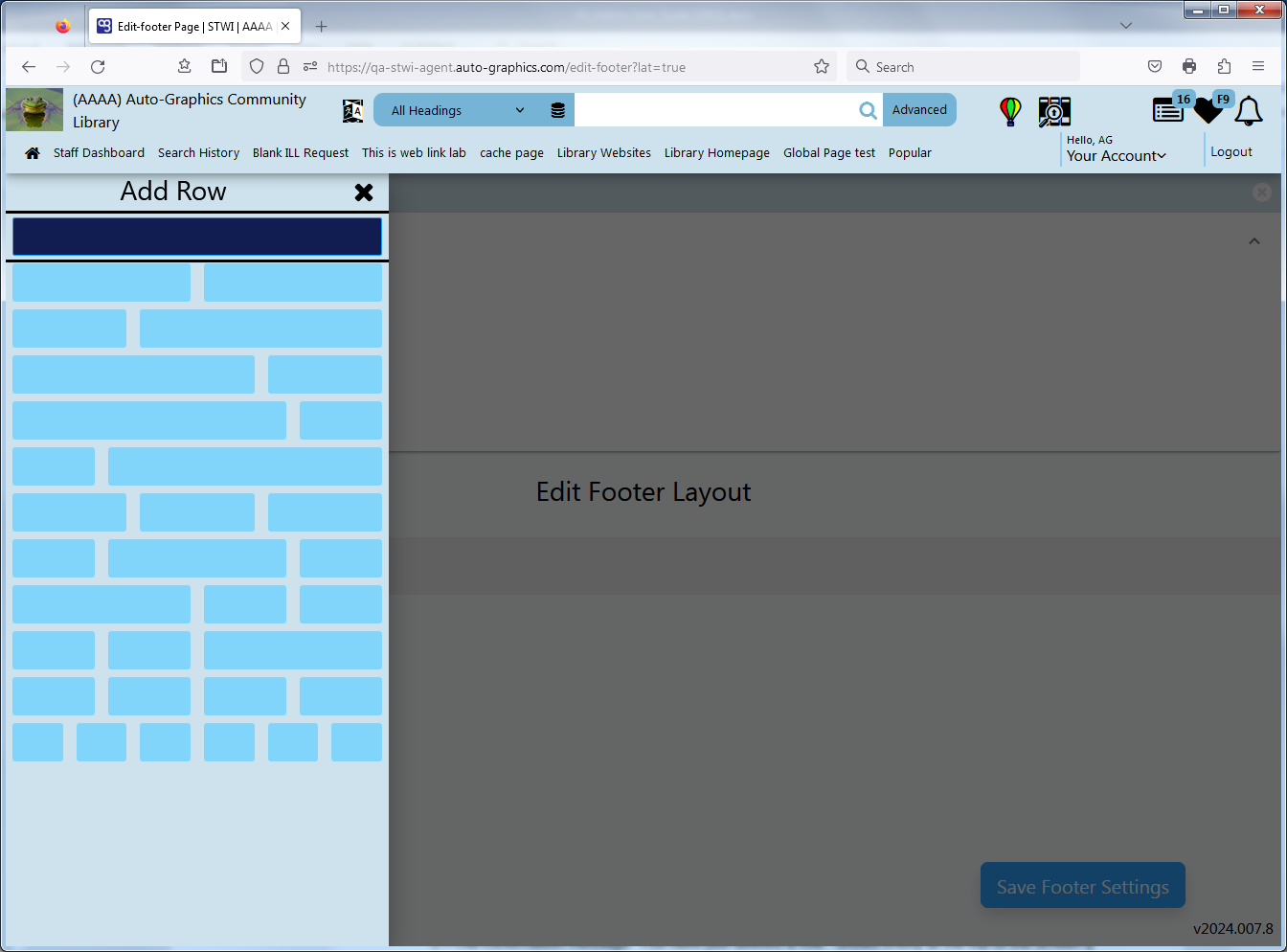 Edit Footer Layout Page  Add Row Panel