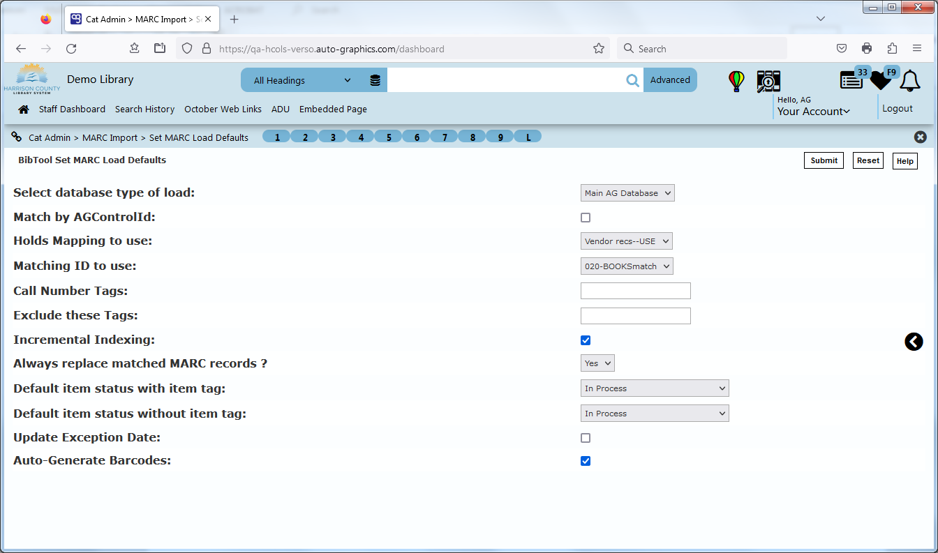 BibTool Set MARC Load Defaults Screen