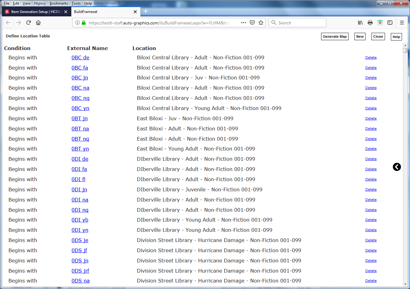 Define Location Table Screen