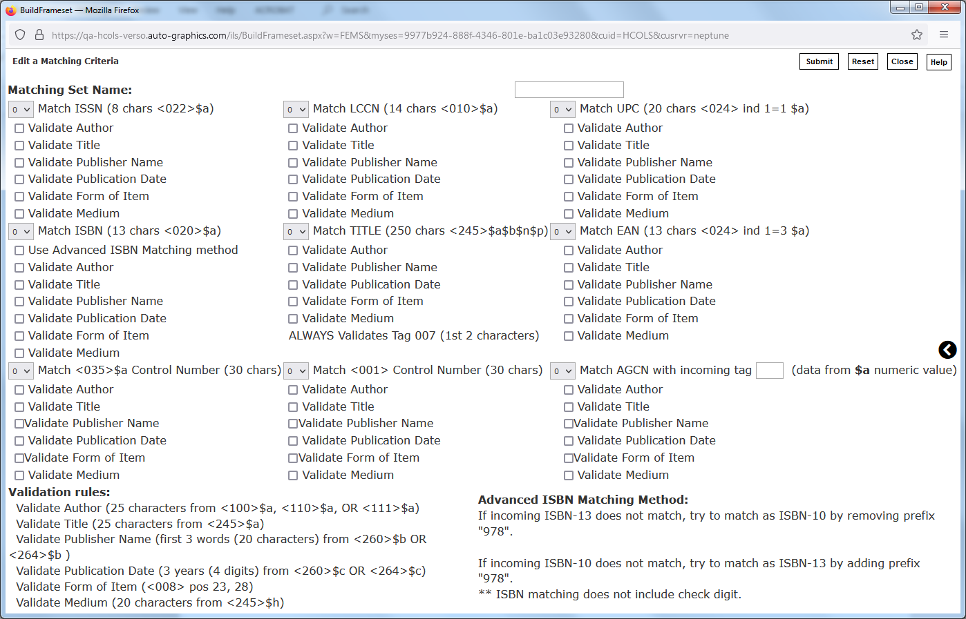 Edit a Matching Criteria Screen