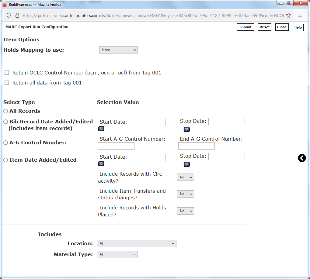 MARC Export Run Configuration Screen