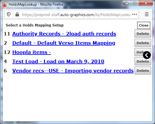 Select a Holds Mapping Setup Screen