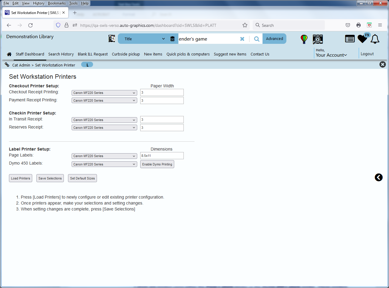 Set Workstation Printers Screen