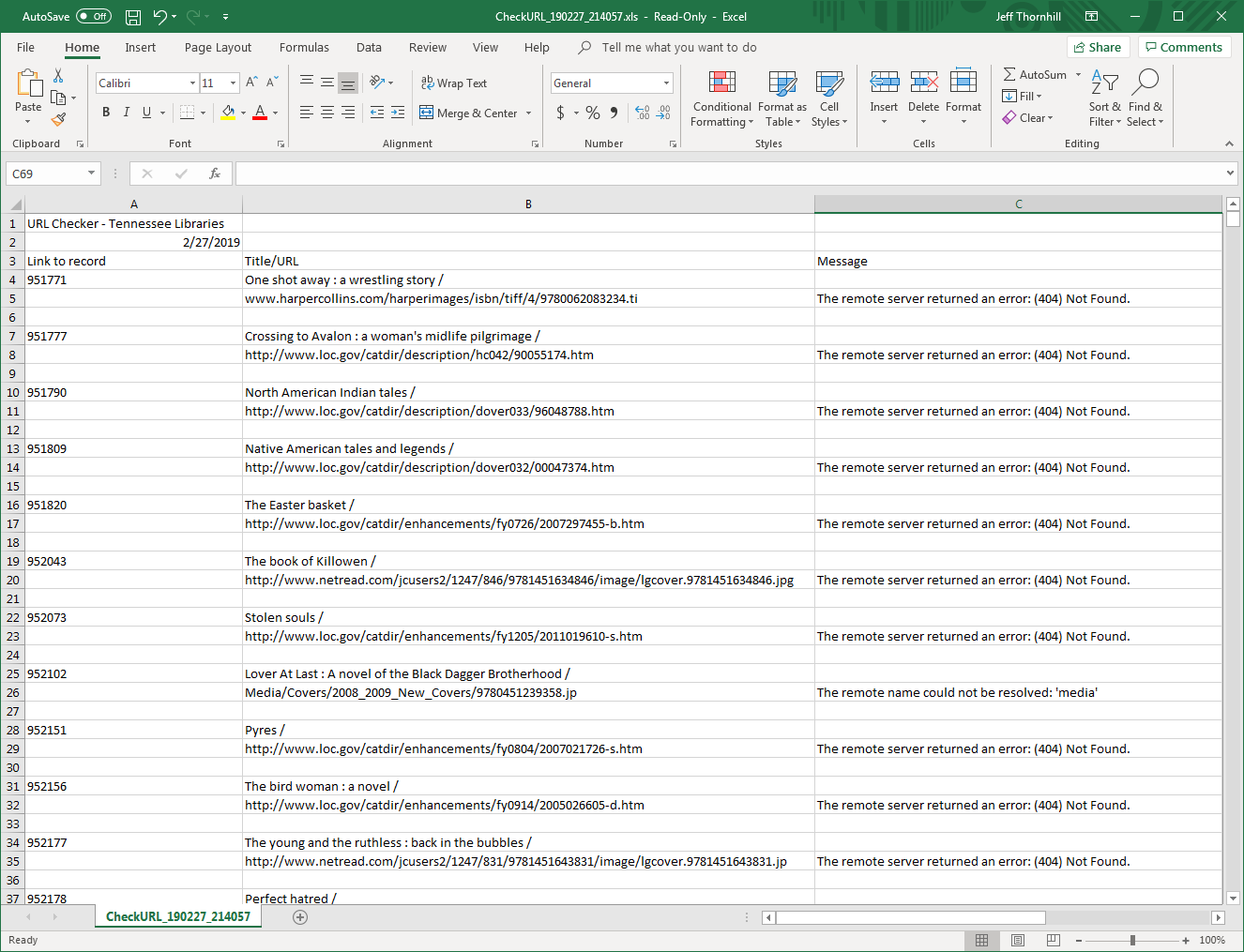 Typical URL Checker Results Screen  Excel Format