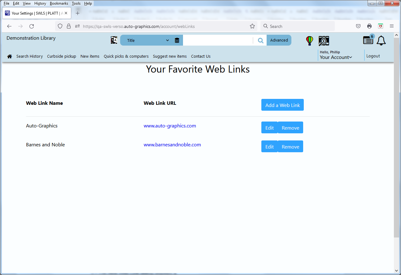 Your Favorite Web Links Screen