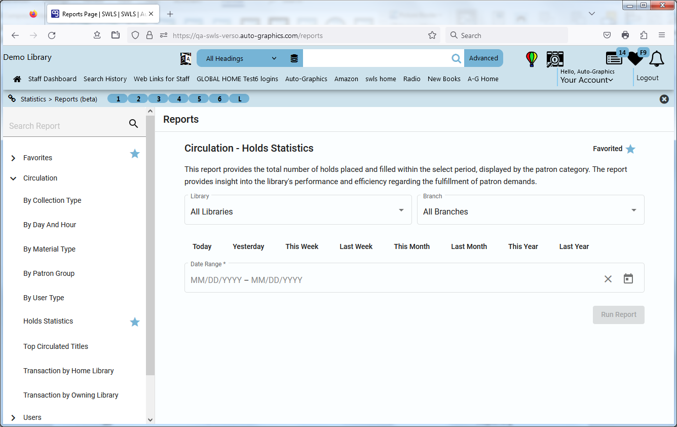 Circulation  Holds Statistics Screen