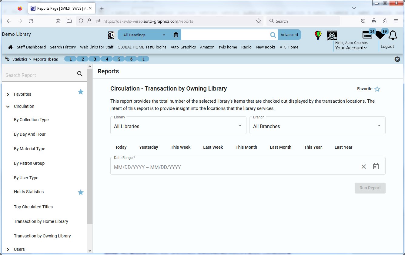 Circulation - Transaction by Owning Library Screen