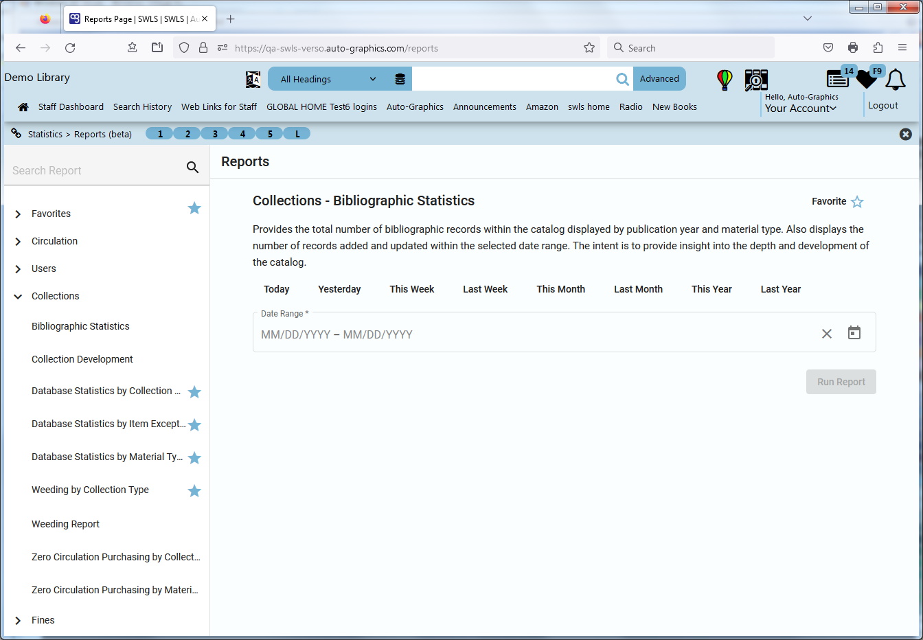 Collections  Bibliographic Statistics Screen