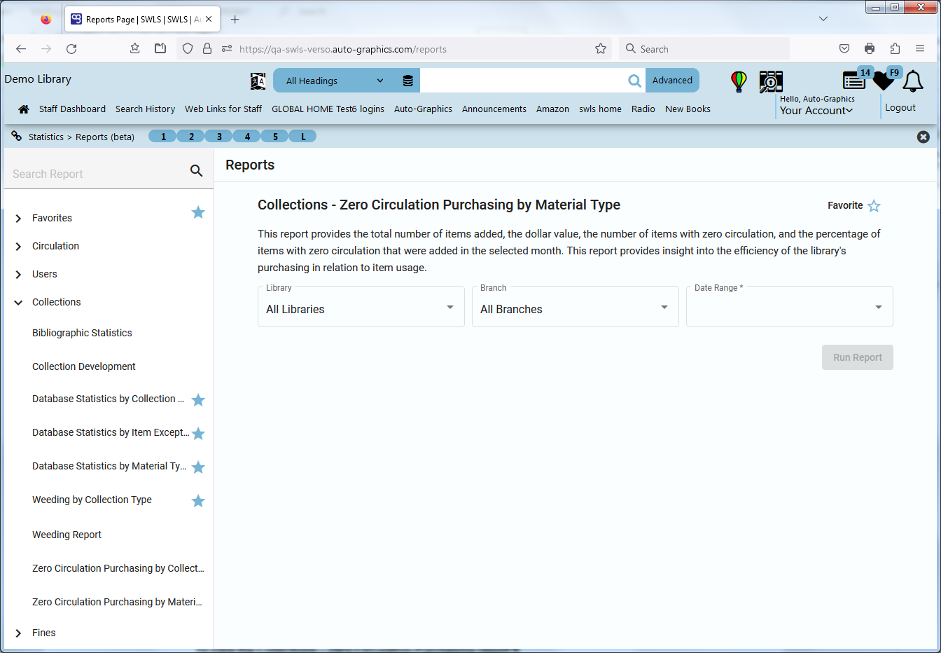 Collections  Zero Circulation Purchasing by Material Type Screen