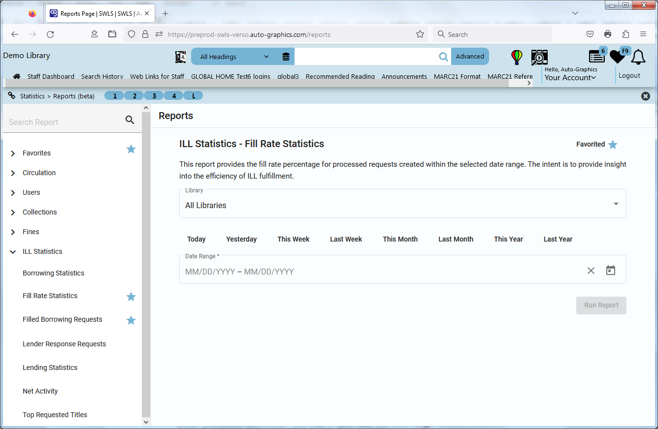 ILL Statistics  Fill Rate Statistics Screen