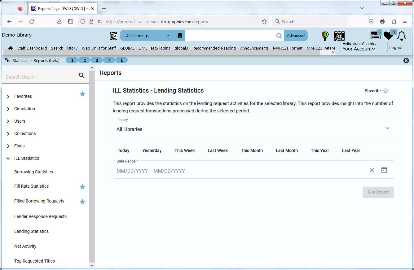 ILL Statistics  Lending Statistics Screen