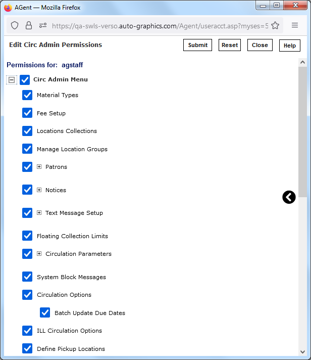 Circ Admin Permissions Screen