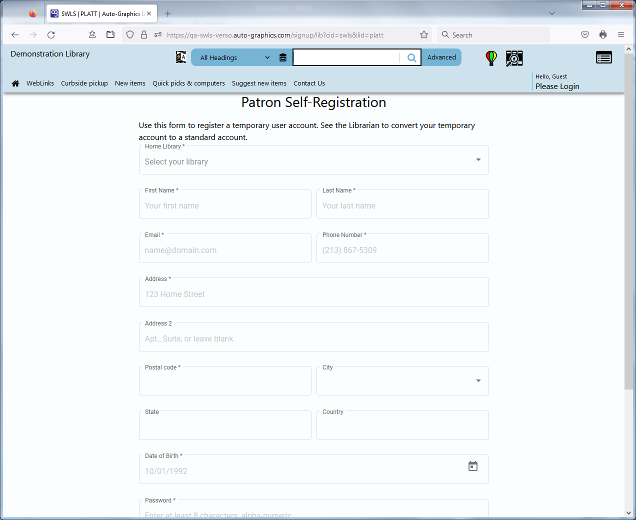 Patron Self-Registration Screen