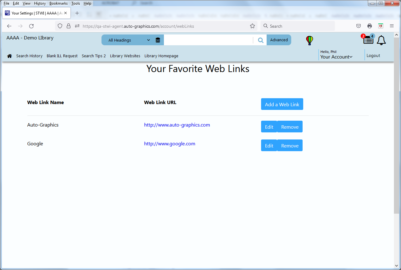 Your Favorite Web Links Screen